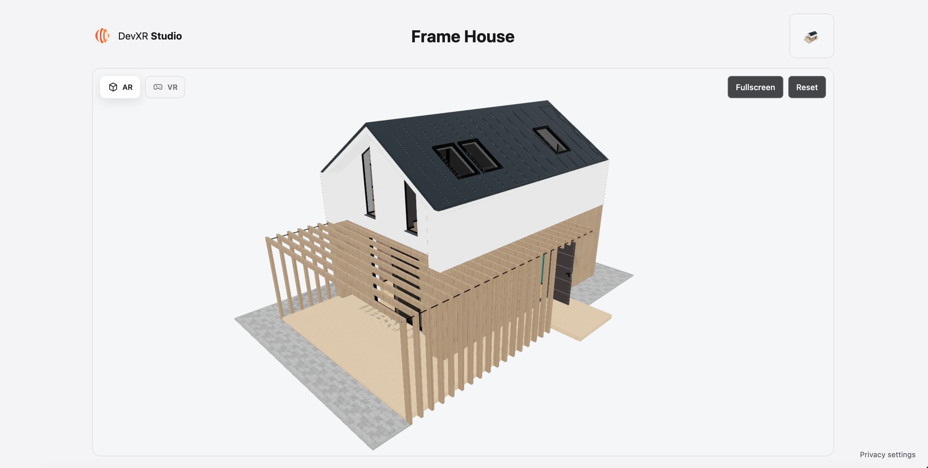 Modèle Frame House affiché dans le viewer DevXR Studio
