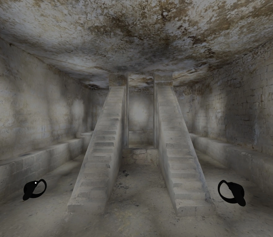 Capture d'écran d'une visite des catacombes interdites avec un casque Oculus Quest 2 en réalité virtuelle.